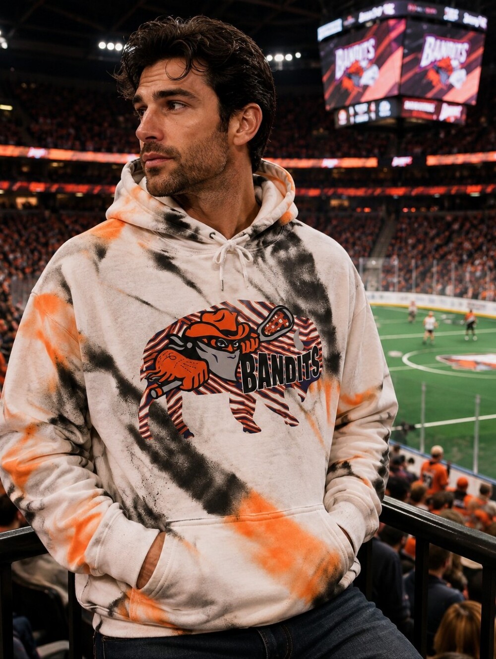 NWOT Buffalo Bandits Lacrosse Tie Dye Hoodie Gildan Heavy Blend Orange Black L